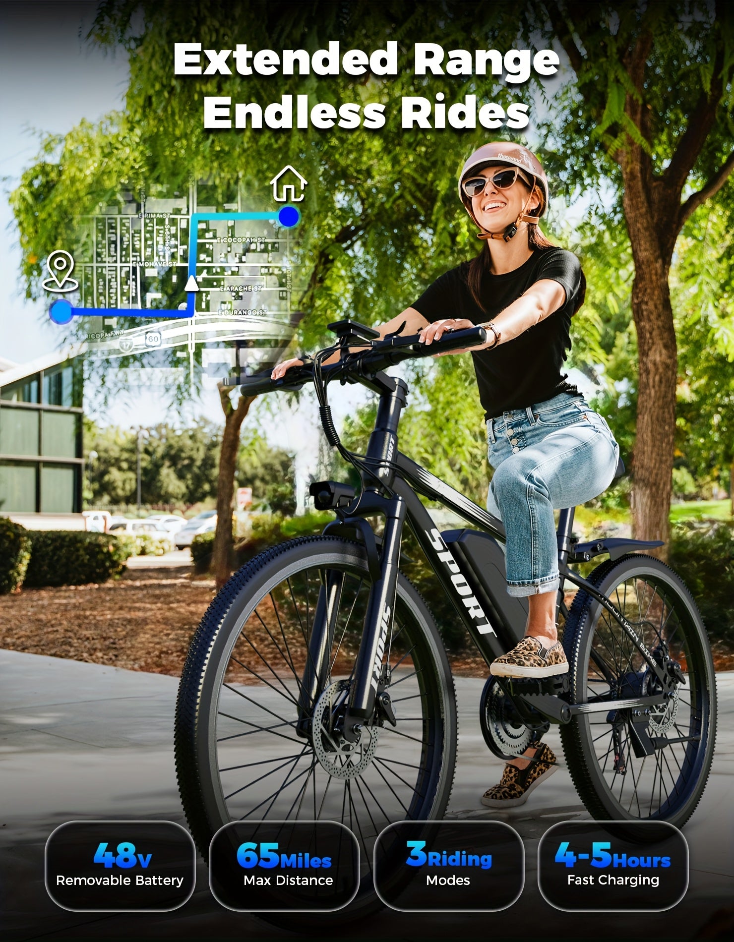 G26 749W/500-750W Peak Motor Electric Bike for Adults - 55-Mile Range 25 MPH Heavy-Duty E-Bike, 26" All-Terrain Tire-like Carbon Wheel, 480Wh Removable Battery, 7-Speed & Front Suspension, White/Black ( Plug) - Ebike for Comm