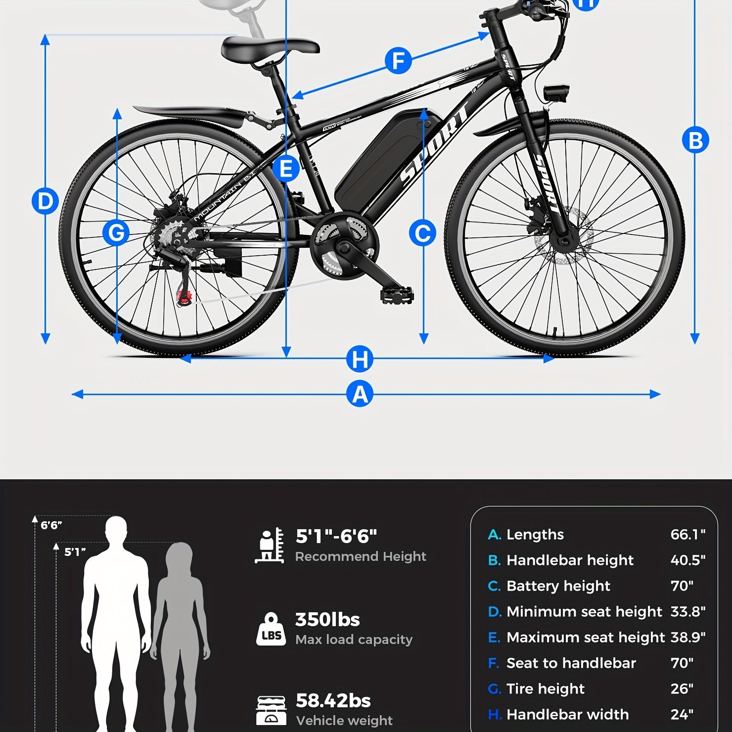 G26 749W/500-750W Peak Motor Electric Bike for Adults - 55-Mile Range 25 MPH Heavy-Duty E-Bike, 26" All-Terrain Tire-like Carbon Wheel, 480Wh Removable Battery, 7-Speed & Front Suspension, White/Black ( Plug) - Ebike for Comm